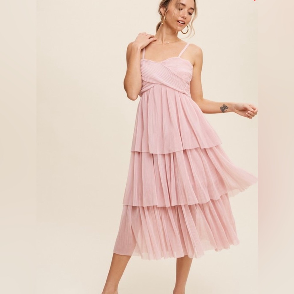 Pinkblush Pleated Texture Tulle Tiered Midi Dress Nwot
